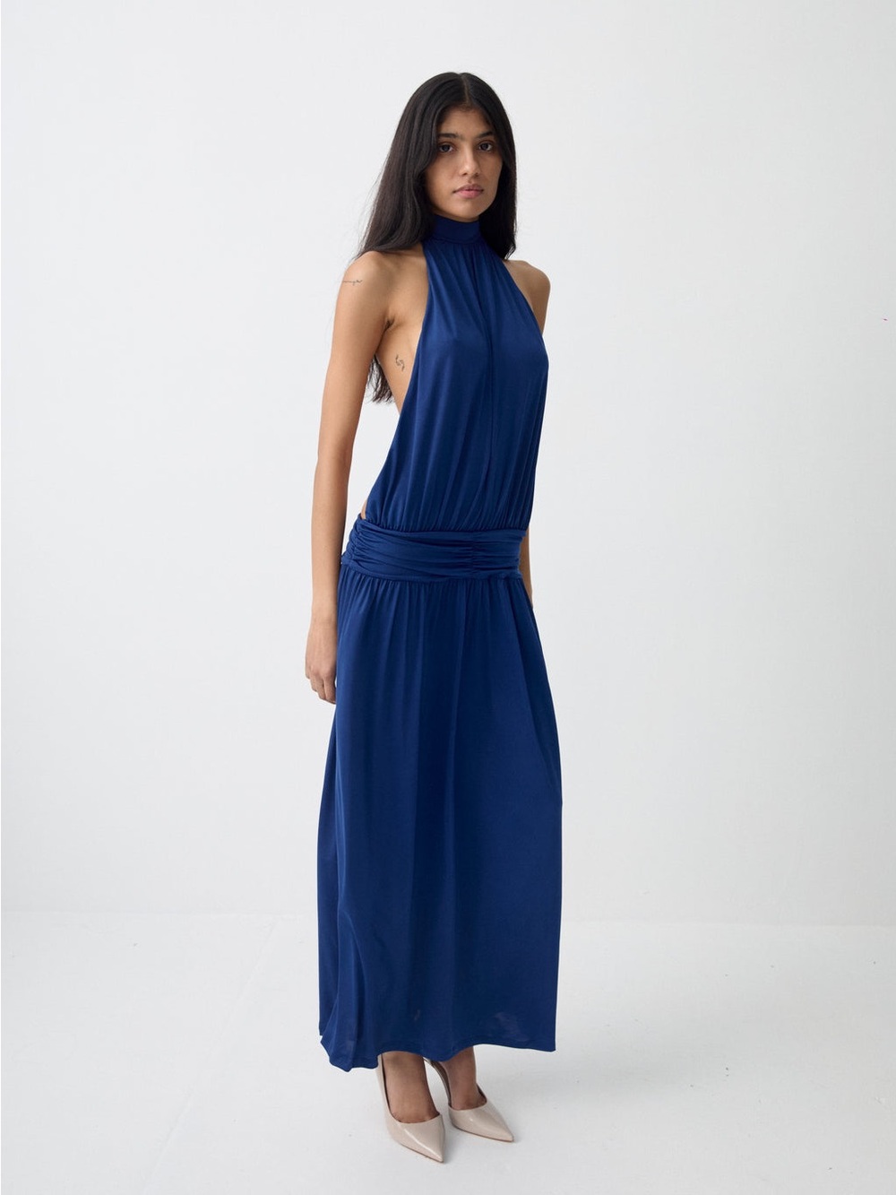 Backless Navy Halter Maxi Dress - Picture 2 of 6